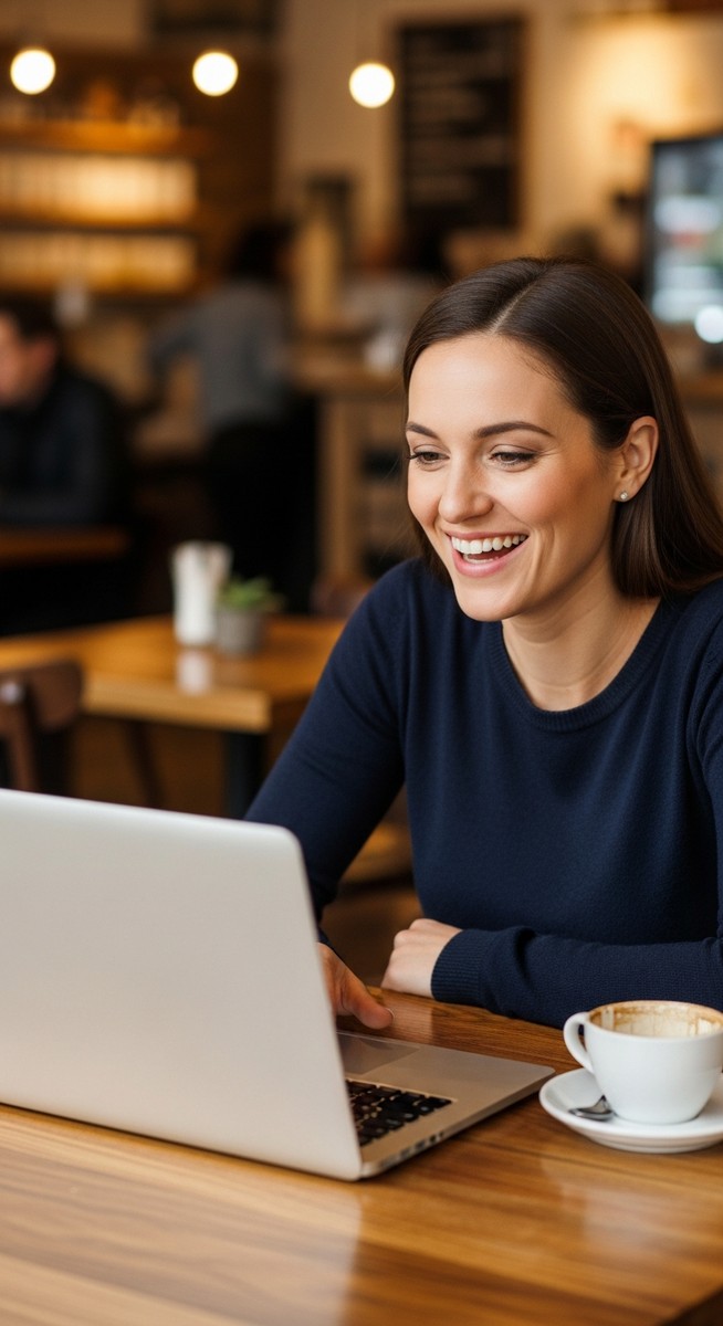 woman working happily on her laptop