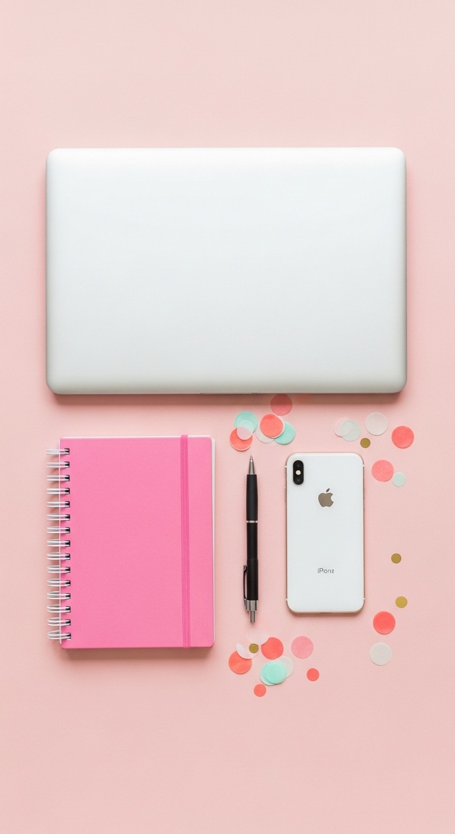 pink flatlay with laptop, notebook, and phone