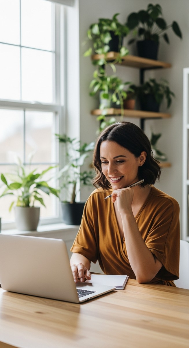 woman smiling and thinking at her home office desk