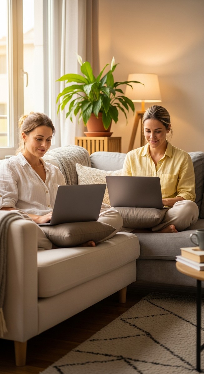 woman smiling while working on her laptop at home