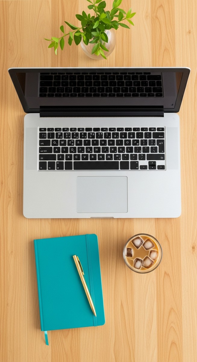flatlay of a laptop and teal notebook on a wooden desk