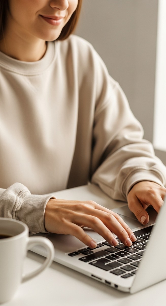woman typing on a laptop at a bright clean desk