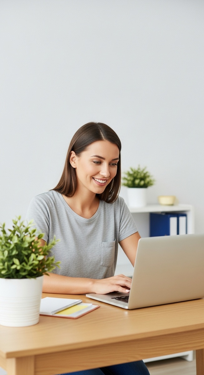 woman looking satisfied at her laptop screen at home