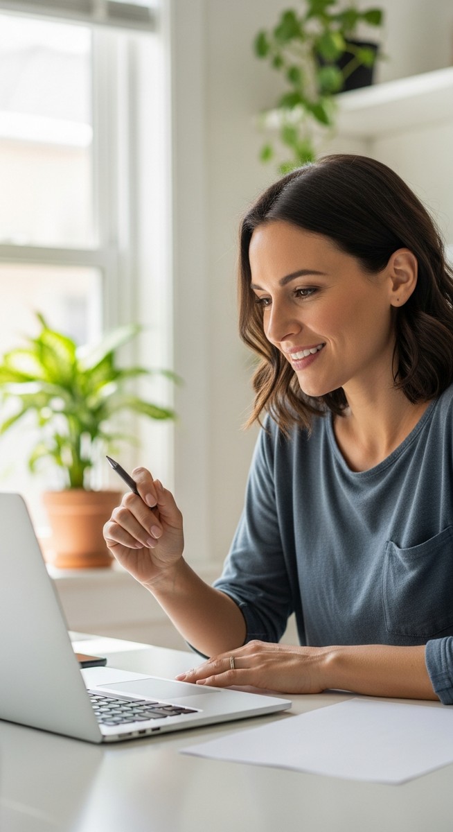a woman smiling and thinking at her home office desk for virtual assistant work