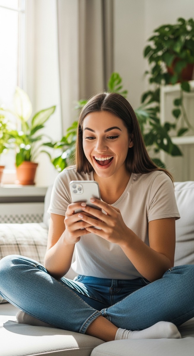 a woman smiling at her phone in a bright living room for virtual assistant work