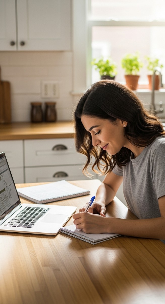 a young woman taking notes next to her laptop at a kitchen table for virtual assistant work