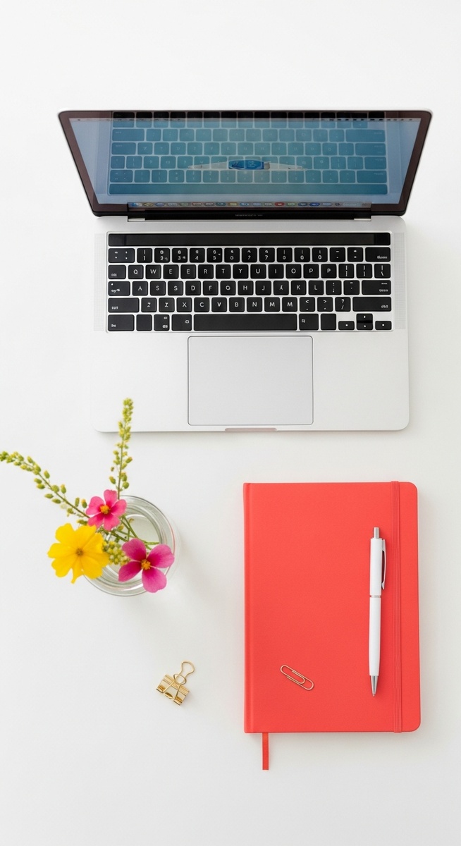 a flatlay with laptop and other items on a white surface for virtual assistant work