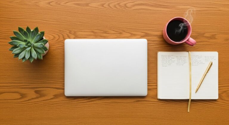 a flatlay of a planner, laptop, and succulent on a wooden surface for virtual assistant work