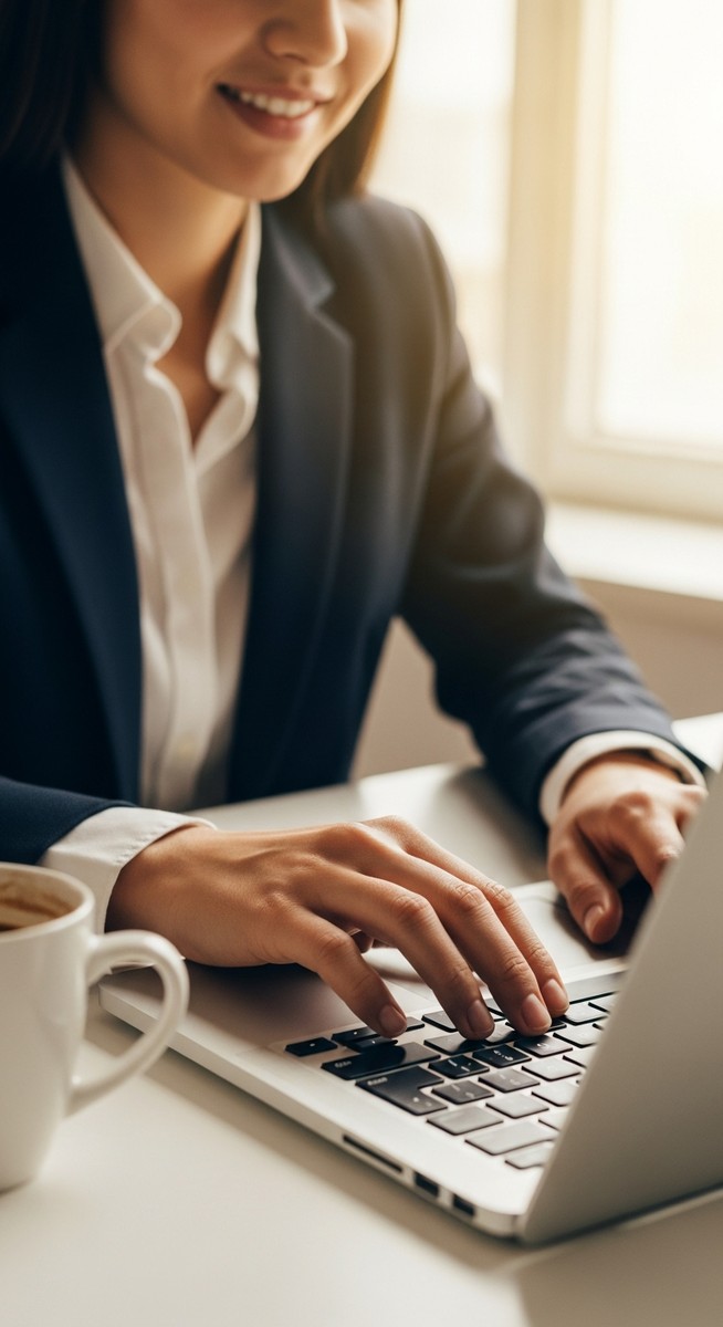 woman typing on a laptop at a bright clean desk