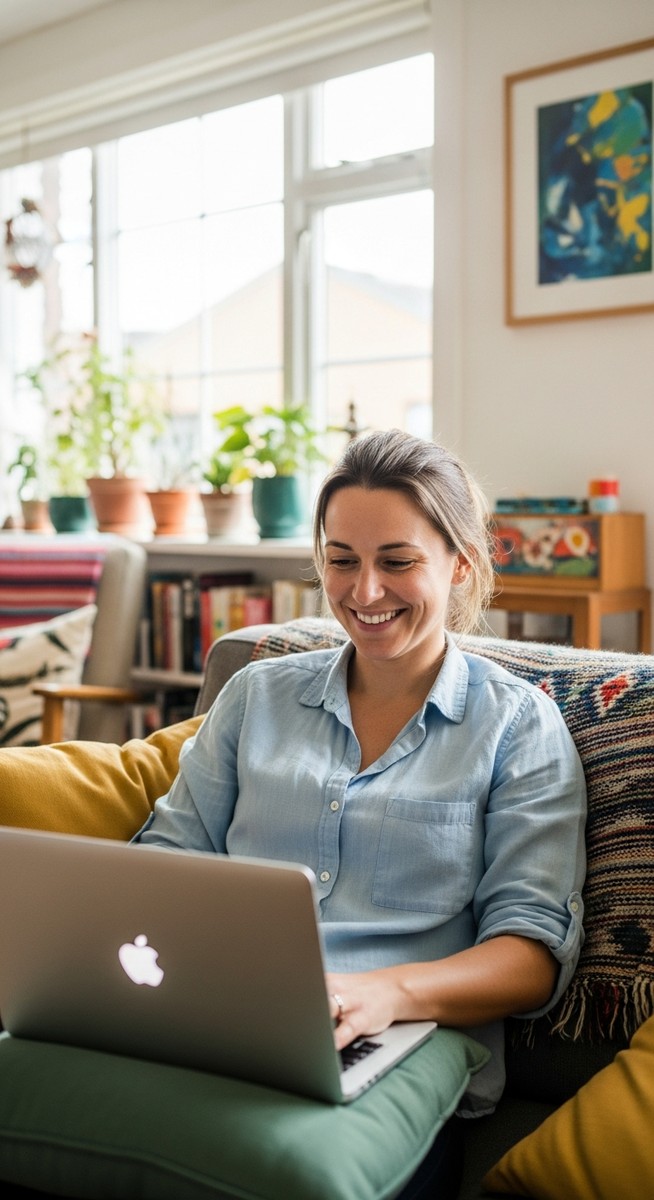 woman smiling while working on her laptop at home