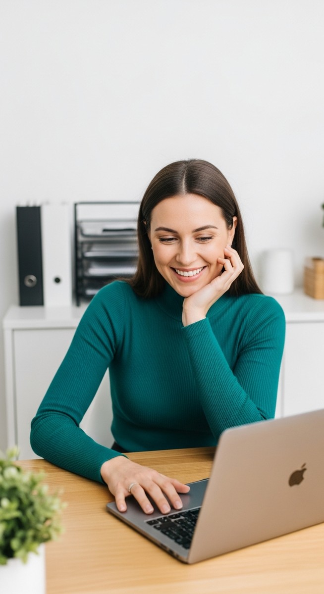 woman looking satisfied at her laptop screen at home