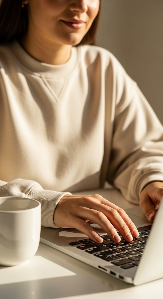 woman typing on a laptop at a bright clean desk
