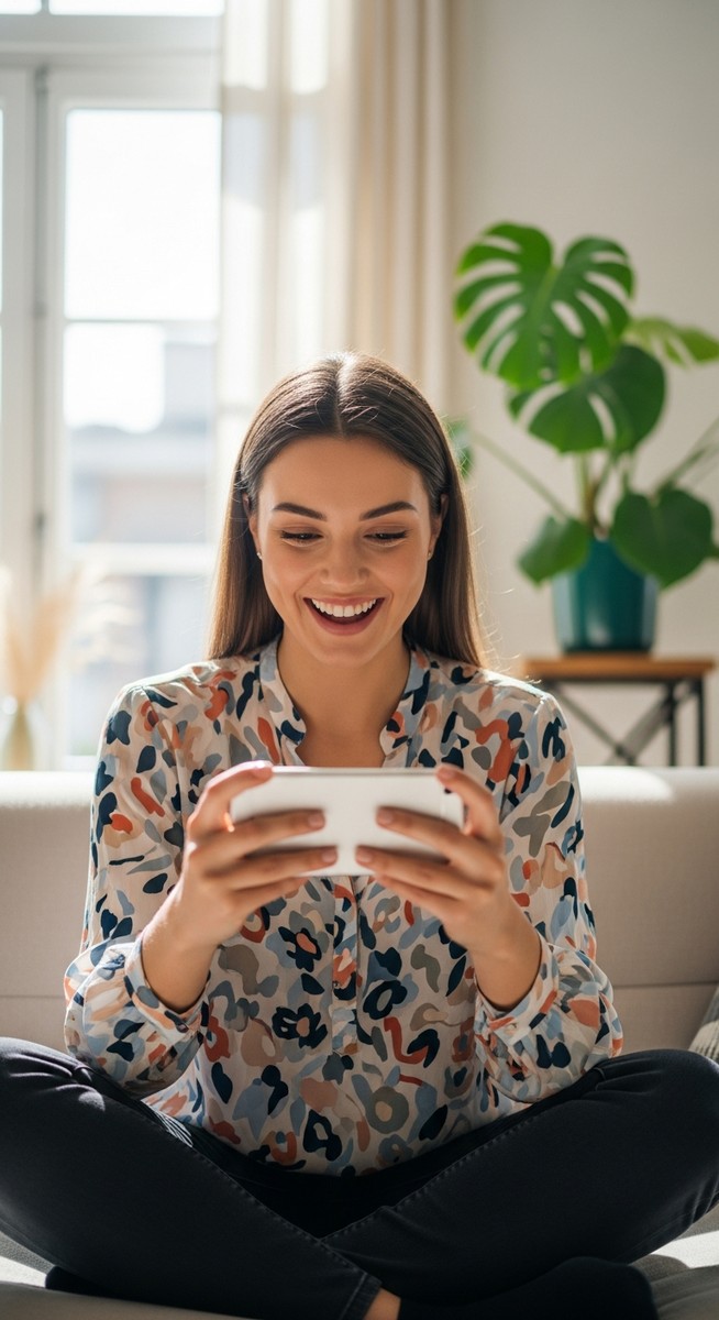 woman smiling at her phone in a bright living room