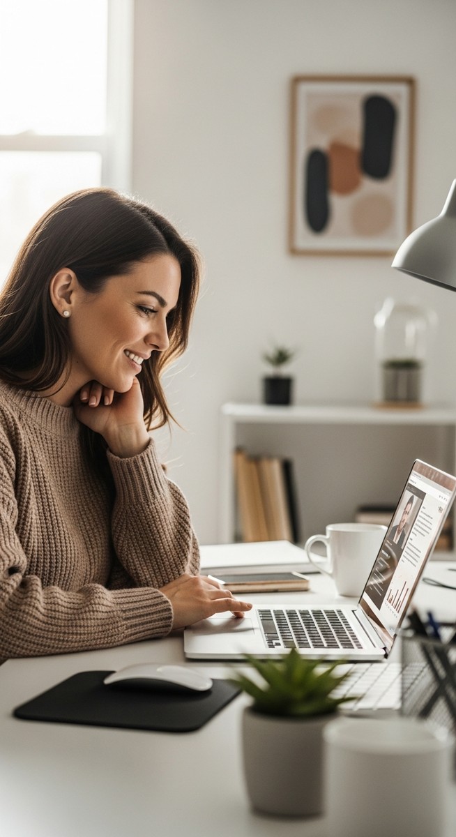 woman working confidently on her laptop at a bright home desk