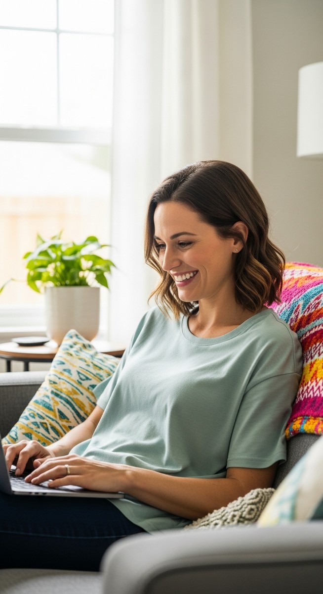 woman smiling while working on her laptop at home