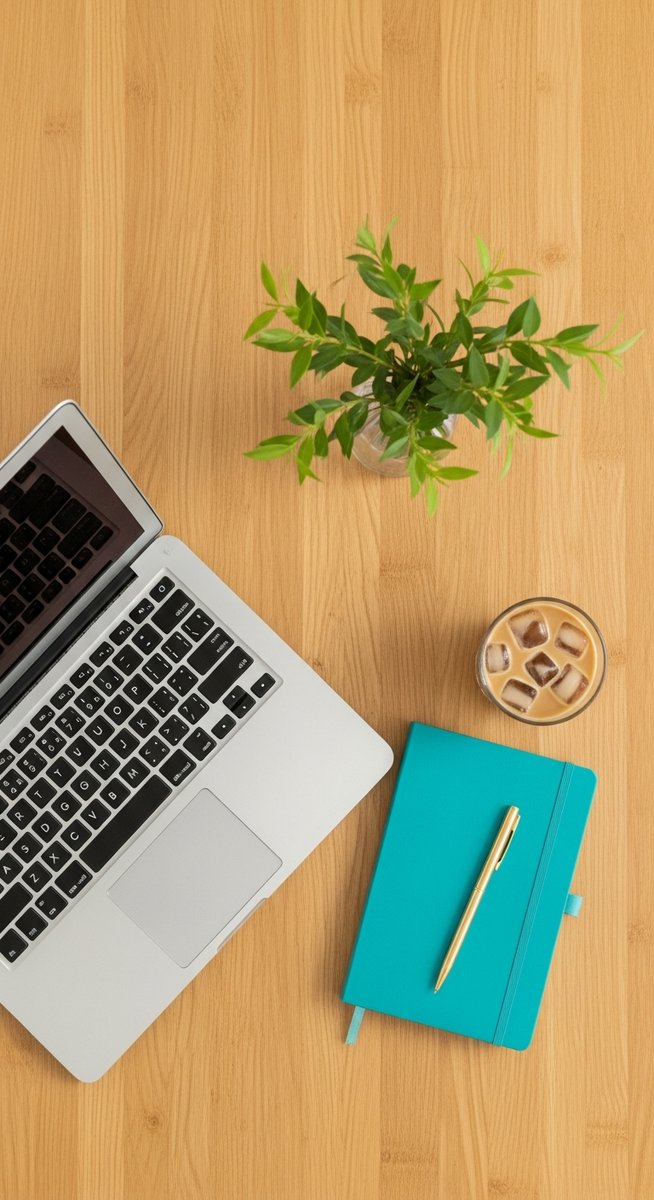 a flatlay of a laptop and teal notebook on a wooden desk to invest money