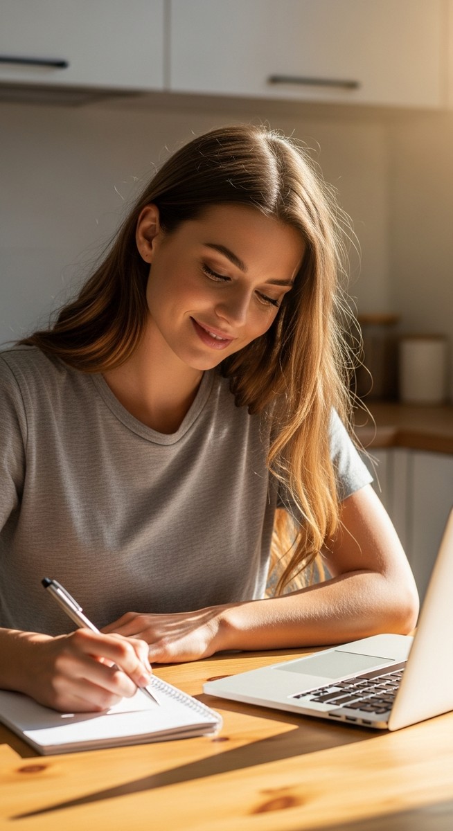 young woman taking notes next to her laptop at a kitchen table