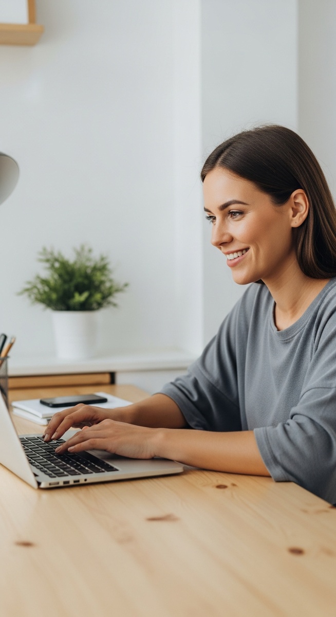 woman looking satisfied at her laptop screen at home