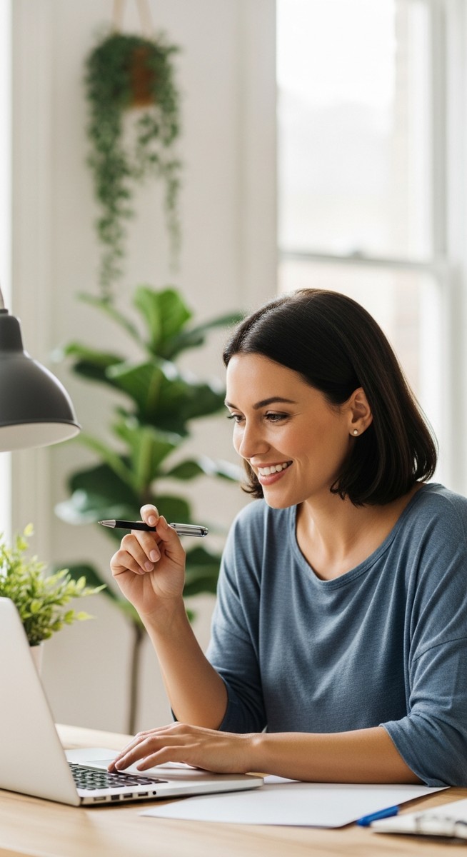 a woman smiling and thinking at her home office desk to invest money