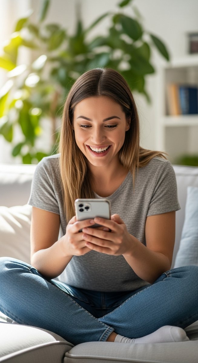 a woman smiling at her phone in a bright living room to invest money