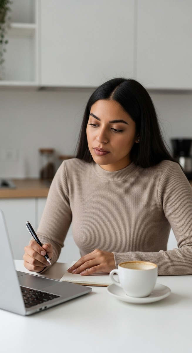 woman reviewing a financial independence plan on a laptop with a notepad at a kitchen table
