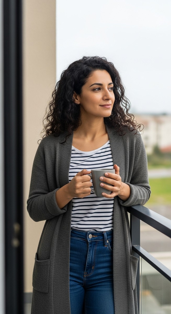 woman standing on a balcony with a coffee looking relaxed and free