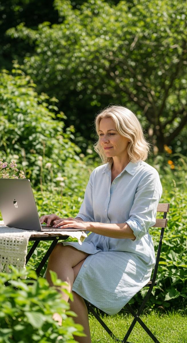 woman working on a laptop in a sunny garden looking relaxed and free
