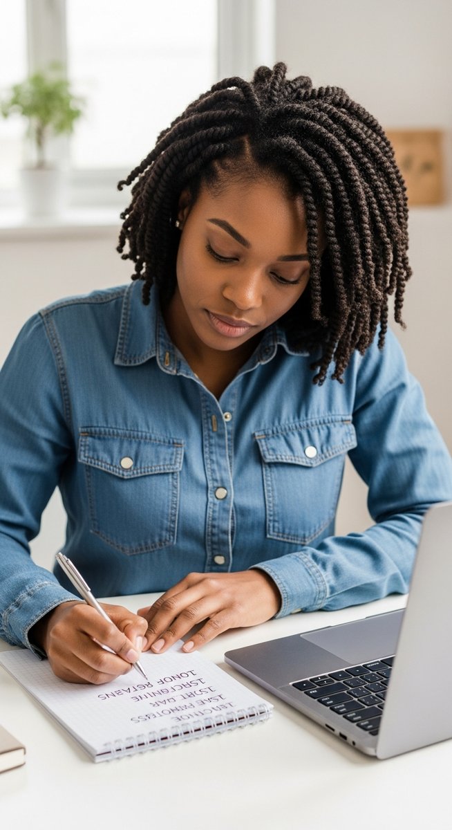 woman writing a list of financial goals in a notepad at a home desk with a laptop