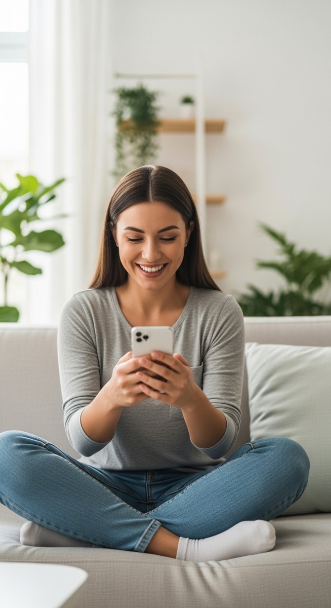 woman smiling at her phone in a bright living room
