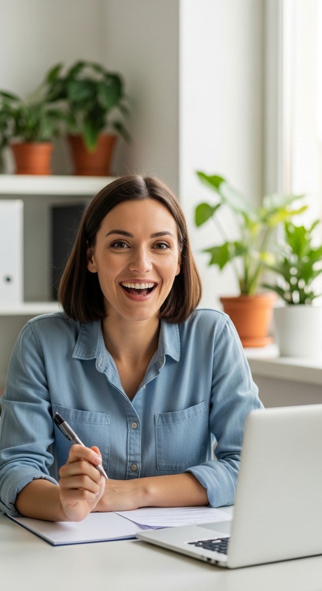 a woman smiling and thinking at her home office desk to make $100 a day