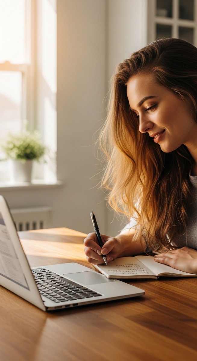 a young woman taking notes next to her laptop at a kitchen table to make $100 a day