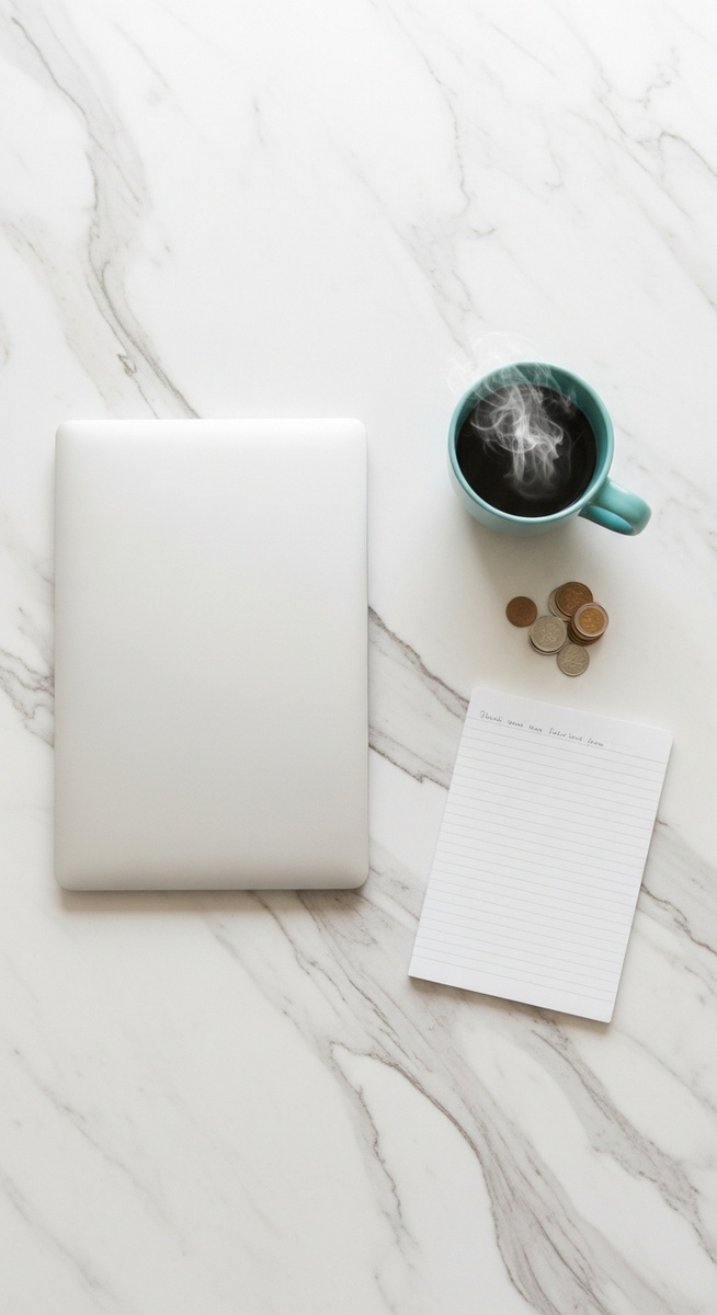 a flatlay of a laptop and teal mug on a marble surface to make $100 a day