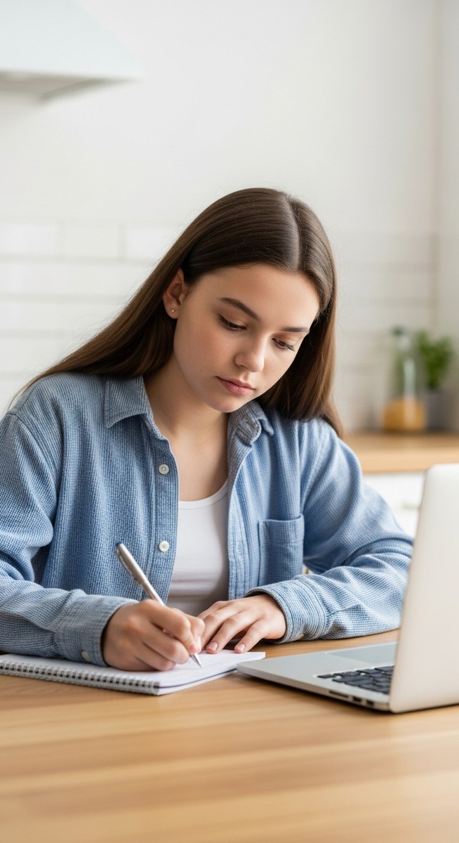 teenage girl taking notes next to a laptop at a kitchen table