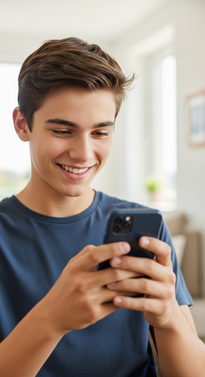teenage boy smiling at his phone at home