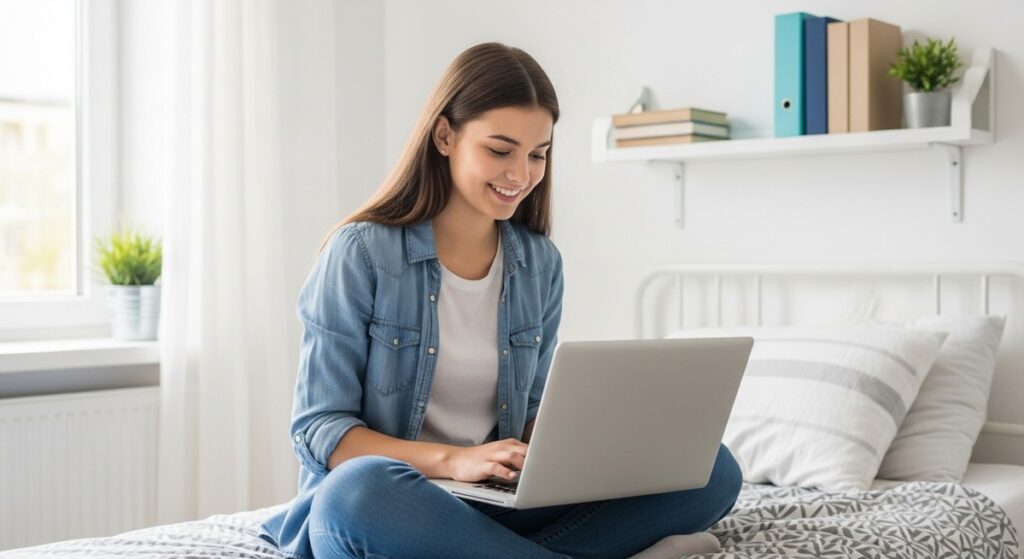 a teenage girl working on a laptop on her bed to make money