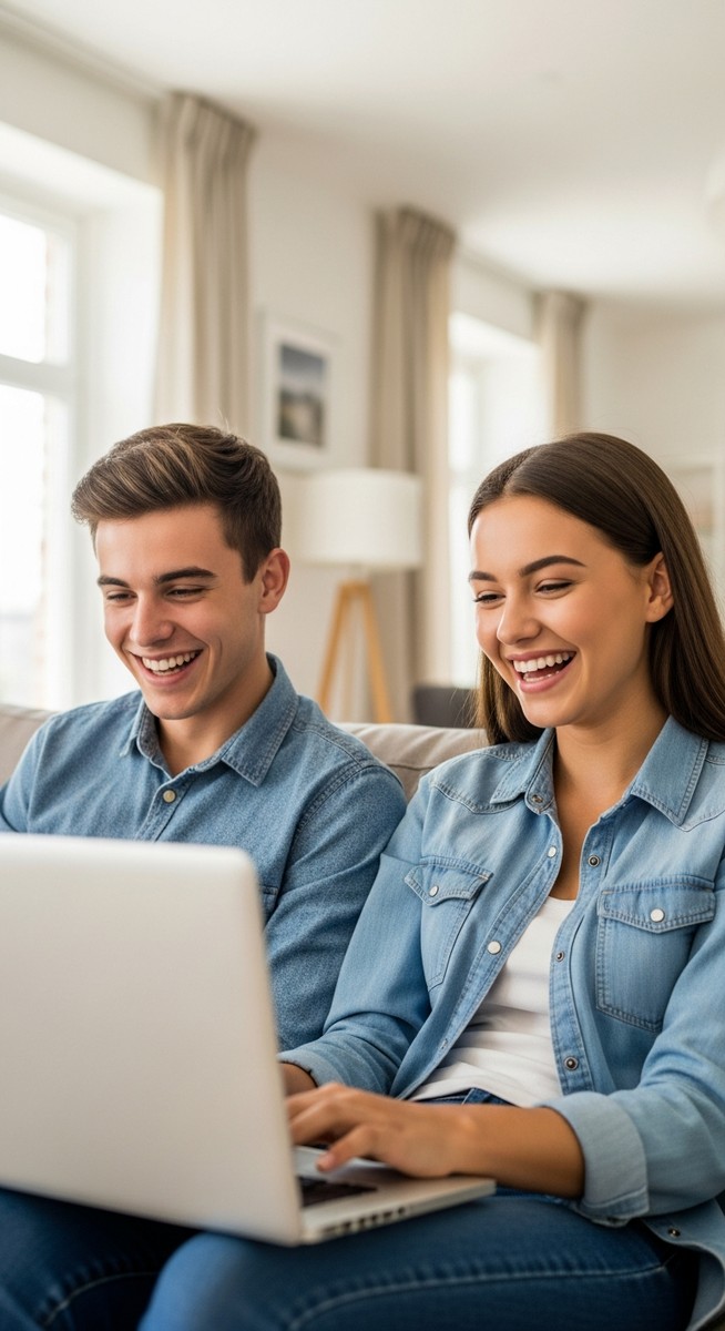 two teenagers looking at a laptop together and laughing