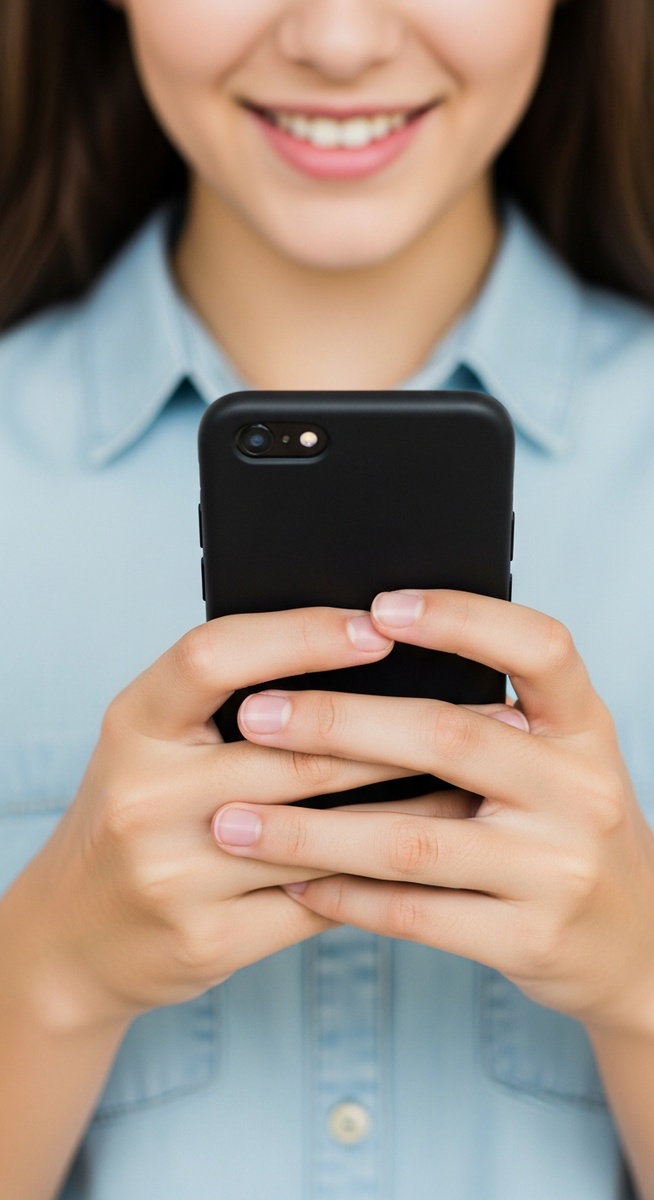 young person's hands holding a smartphone showing an app