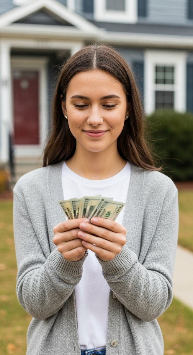 young person holding cash looking pleased