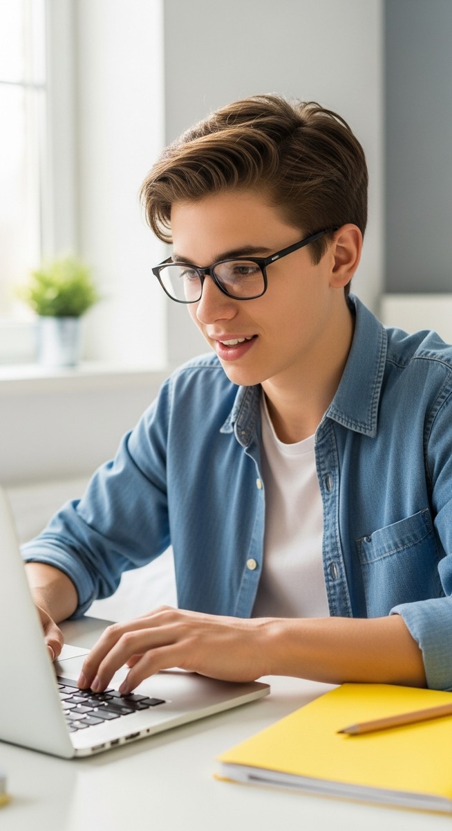 teenage boy working on a laptop at a desk