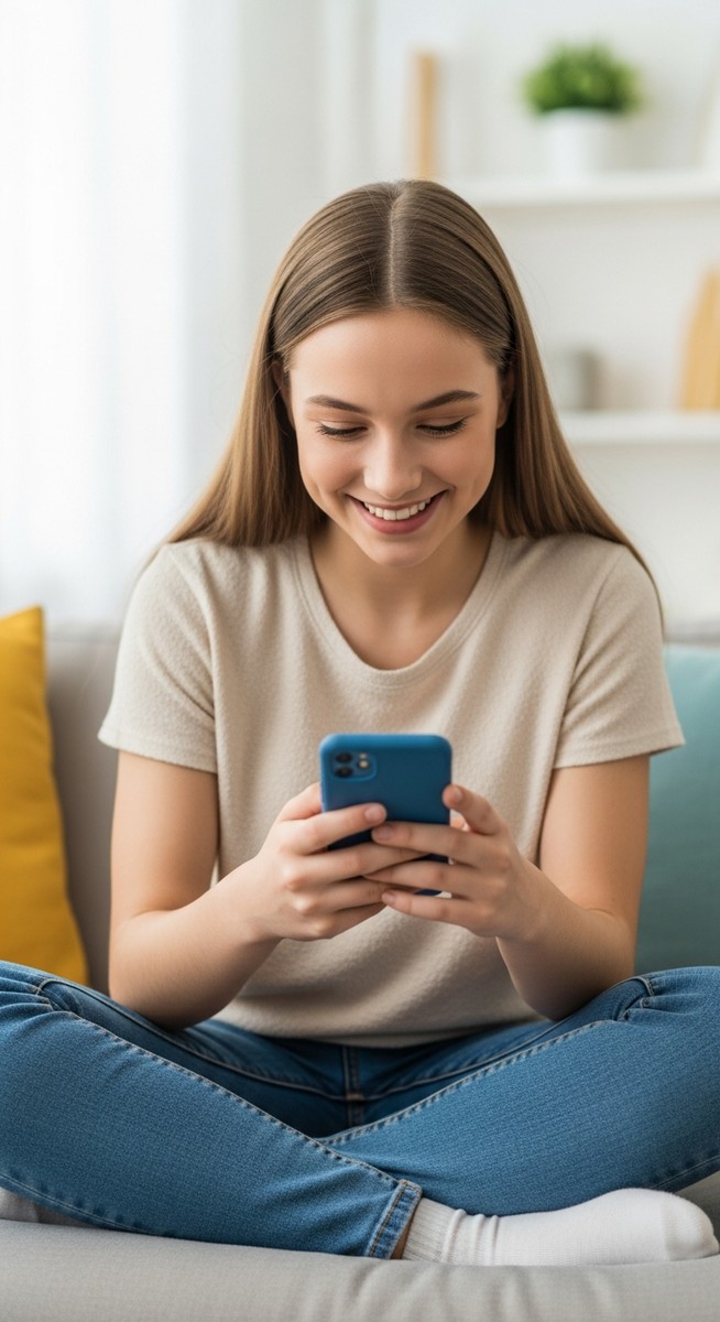 teenage girl smiling at her phone at home