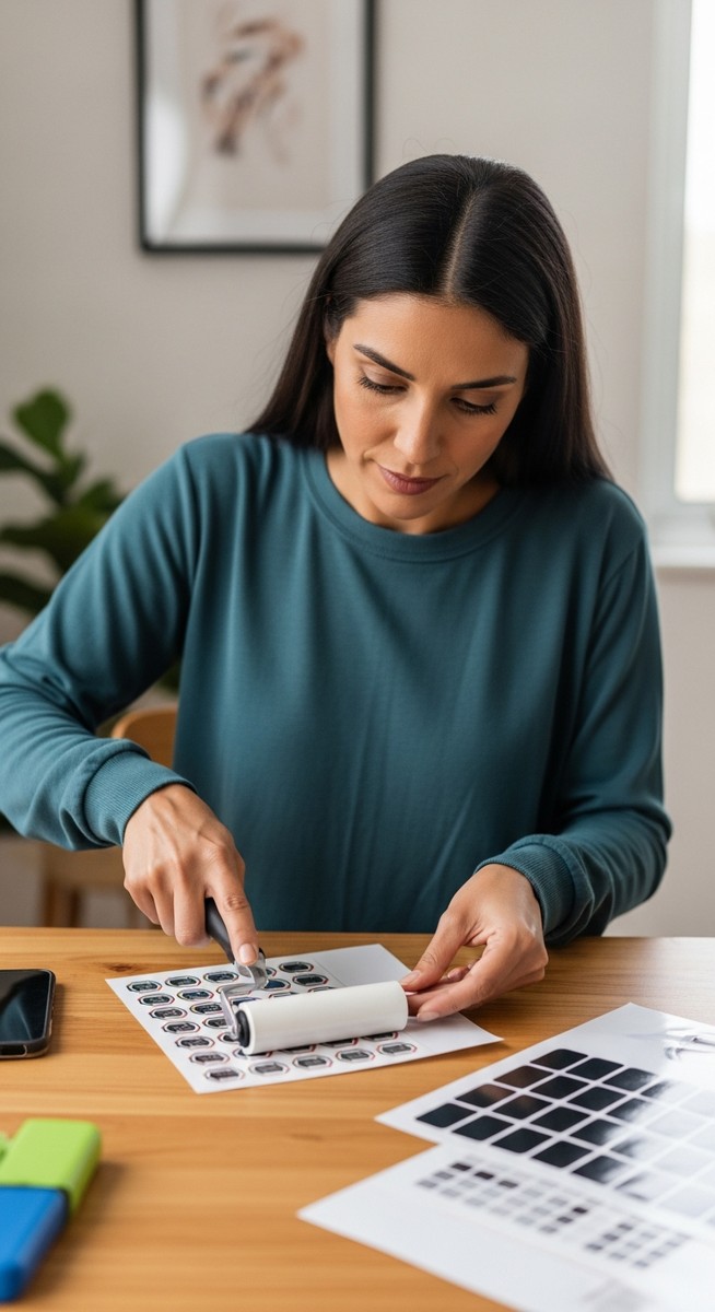 woman laminating a printed sticker sheet with a roller at a home desk