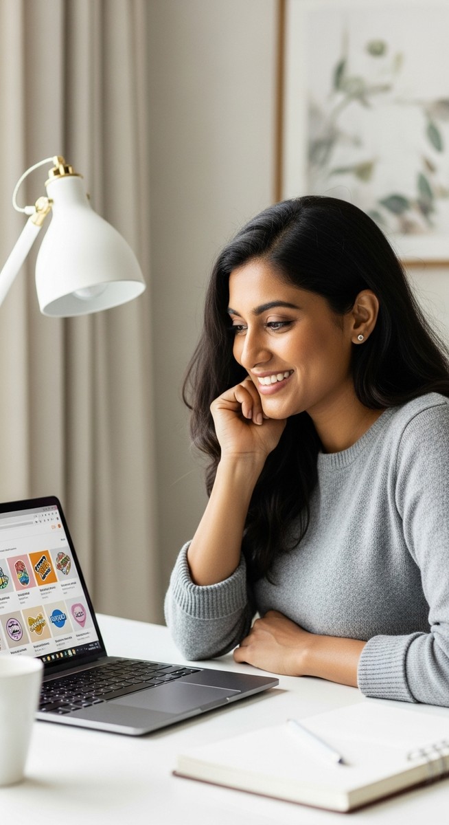 woman reviewing her Etsy sticker shop on a laptop at a home desk