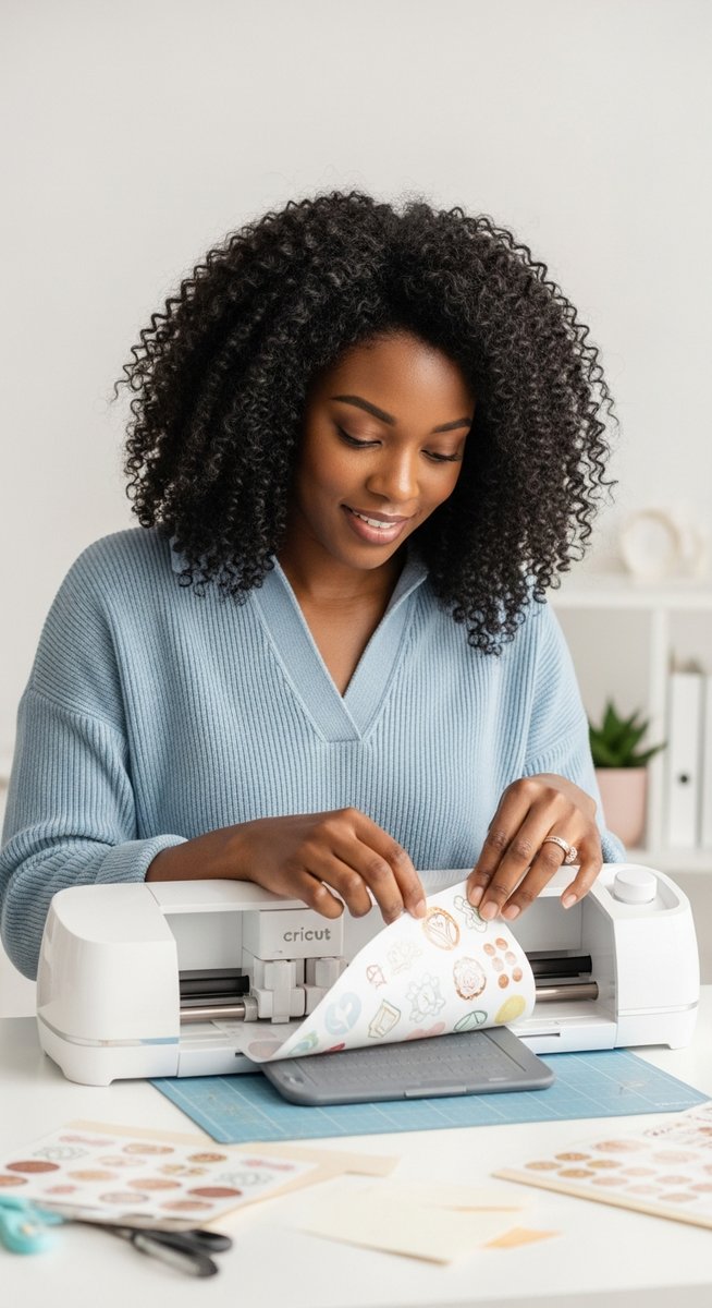 woman peeling a finished sticker sheet from a cutting mat at a home desk