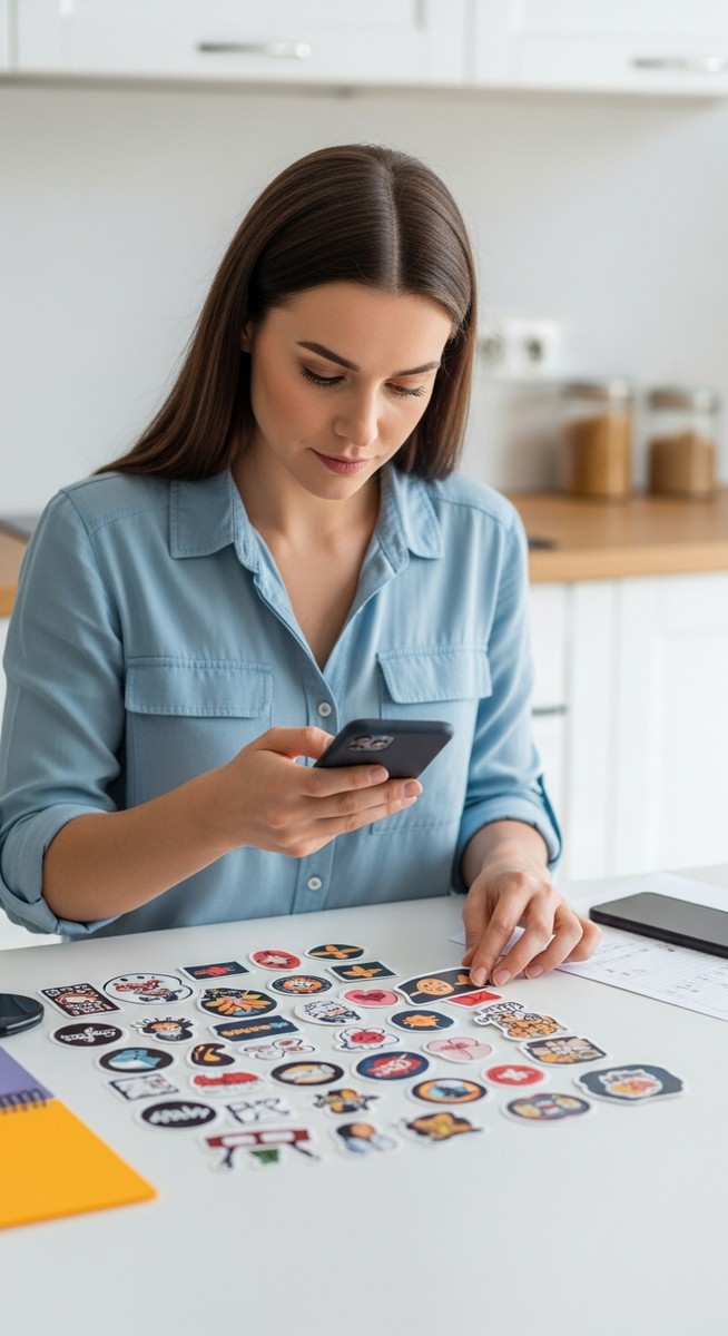 woman arranging and photographing finished sticker designs on a white surface
