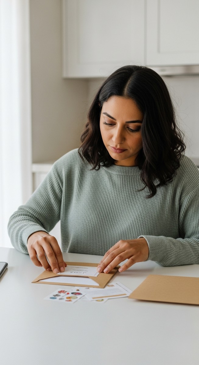 woman packaging a sticker order into a kraft envelope at a kitchen table