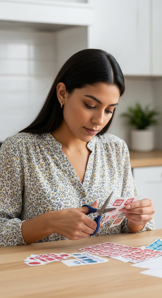 young woman cutting out stickers from a printed sheet at a kitchen table