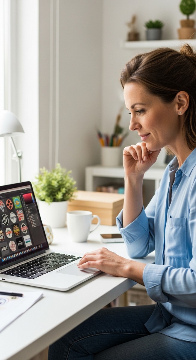 woman designing stickers on a laptop at a home desk