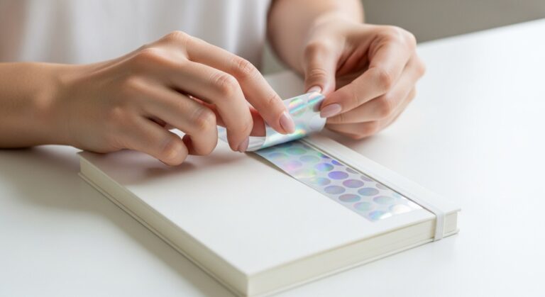 hands peeling a holographic sticker off a backing sheet to place on a notebook