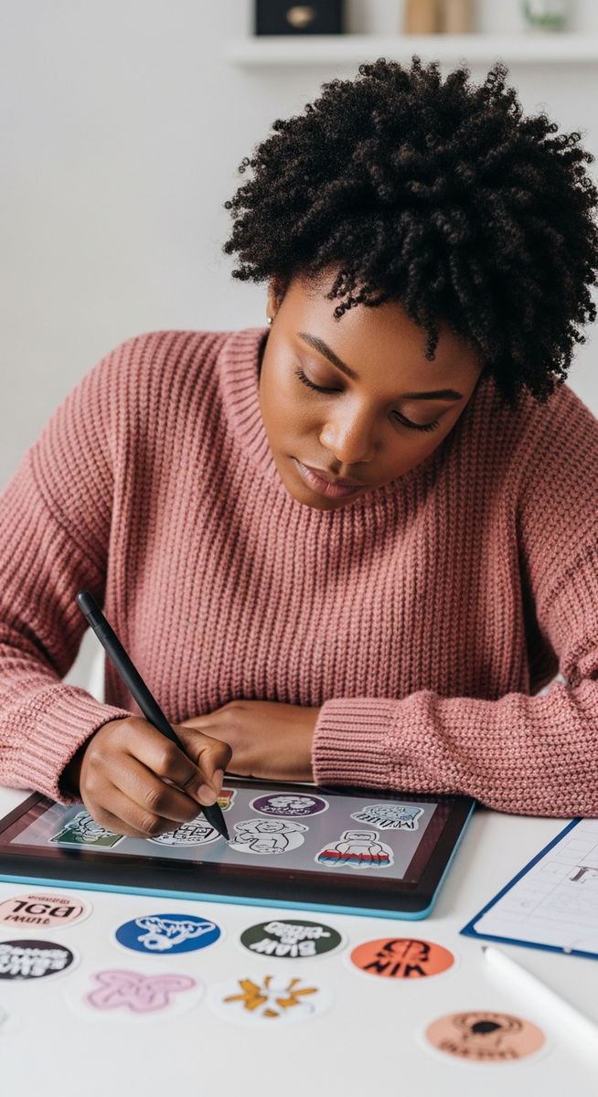 young woman illustrating a sticker design on a drawing tablet at a craft desk