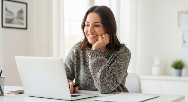 a woman working confidently on her laptop at a bright home desk for blogging